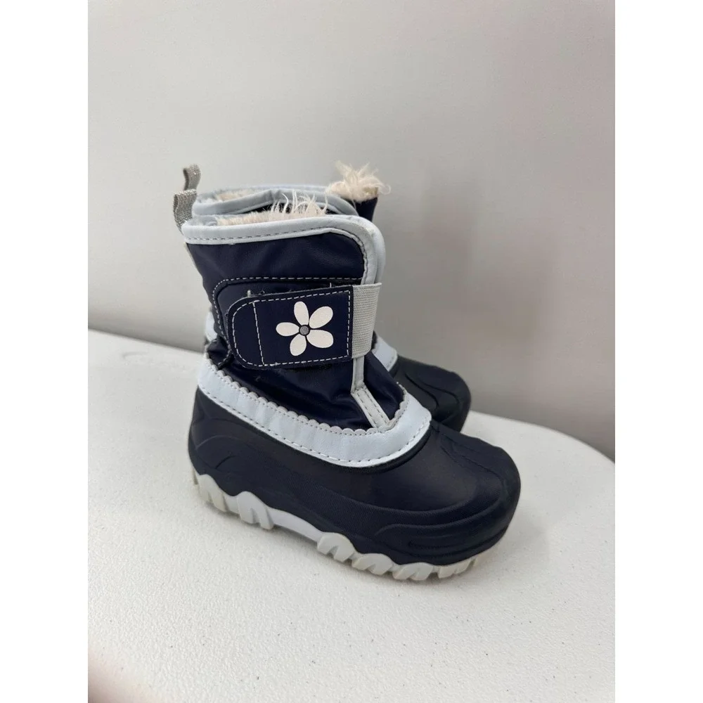 Toddler Navy Blue Winter Snow Boots Faux Fur Lined Size 9/10 Durable Sole Flower